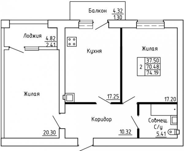 план 2 комнатной квартиры на ЖК Солнечный (2 секция)