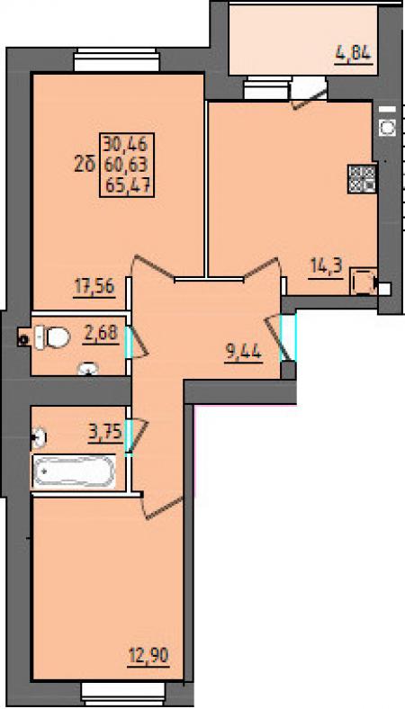 план 2 комнатной квартиры на Чучева 46-2