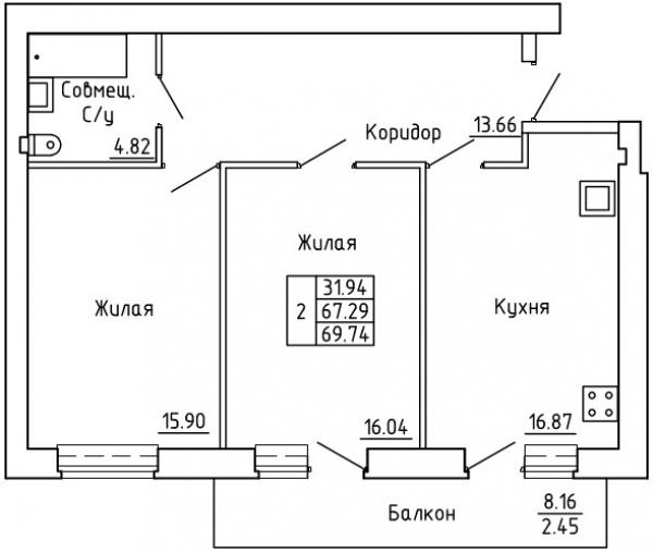 план 2 комнатной квартиры на ЖК Солнечный (2 секция)