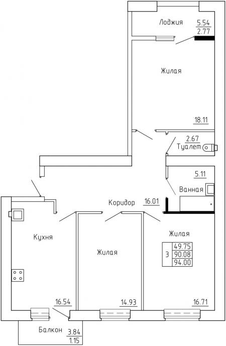 план 3 комнатной квартиры на ЖК Солнечный (2 секция)