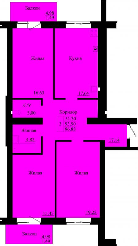 план 3 комнатной квартиры на ЖК Ясный