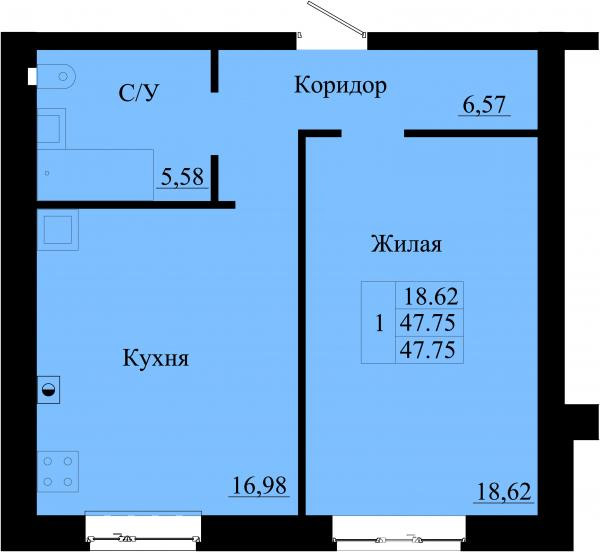 план 1 комнатной квартиры на ЖК Ясный
