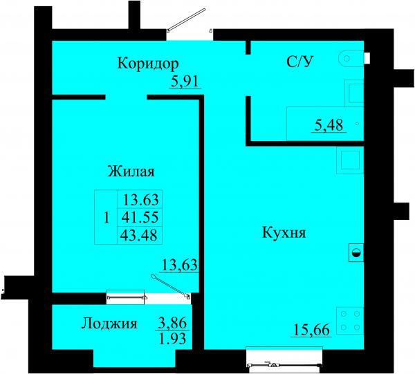 план 1 комнатной квартиры на ЖК Ясный