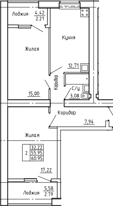 план 2 комнатной квартиры на ЖК Солнечный