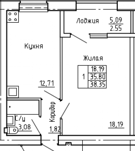 план 1 комнатной квартиры на ЖК Солнечный