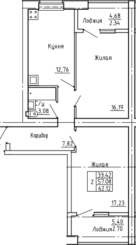 план 2 комнатной квартиры на ЖК Солнечный