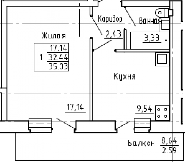 план 1 комнатной квартиры на ЖК Солнечный